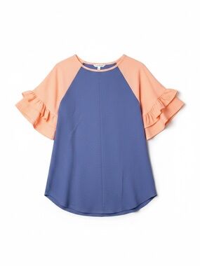 Carole Christian Textured Blouse Blue/Peach Ruffle-Sleeve Top Size-S EUC